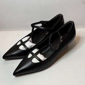 Black Pointed T-Strap Flats for Women